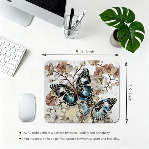 9.5x7.9 Inch Office/Gaming Mouse Pad, Vintage Blue Butterflies on Orchids Flowers Elegant Floral Art, Cute Anti-Slip Mat for Desk Decor