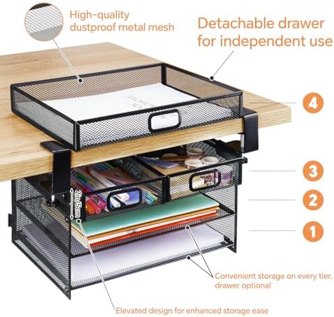 3 Layer Under Desk Drawer Storage Organizer, No Drill Clamp