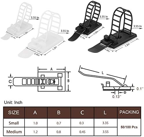 100Pcs Adhesive Cable Management Clips with 50Pcs Zip Ties, Adjustable Nylon Cable Strap Ties Wire Clips Clamps Organizer, Extra Screw & Hole - 3.35 Inch Black