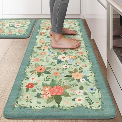 KIMODE Kitchen Mats for Floor Cushioned Anti Fatigue, Green Boho Flower Rug