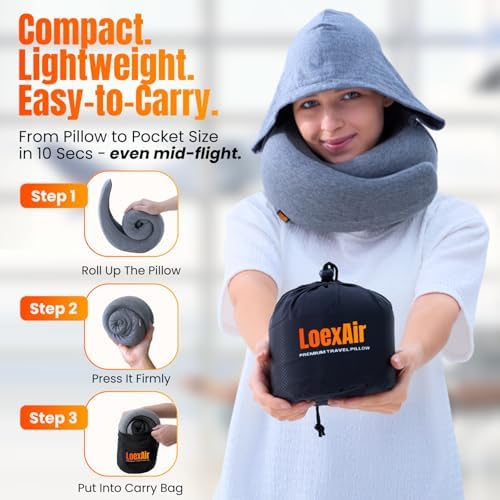 LOEXAIR™ Hooded Pro Travel Pillow - Memory Foam Neck Support Pillow for Airplane, Flight - Super-Soft Pure Cotton Fabric, Maximum Privacy & Light-Block Design, Lightweight Full Travel Kit - Light Grey