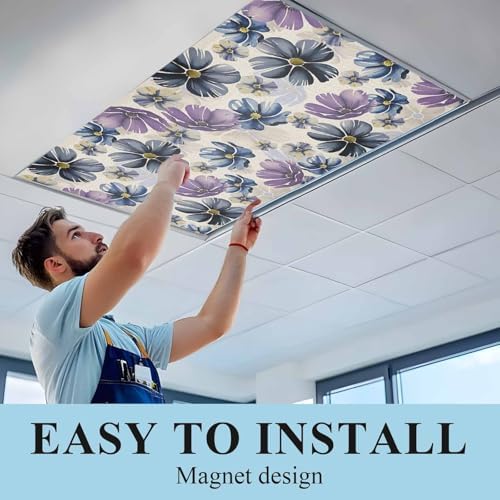 Retro Beige Purple Flower Magnetic Fluorescent Light Covers for Ceiling Lights 2 x 4 Feet,Ombre Blue Green Blossom Floral Office Classroom Kitchen Drop Ceiling Light Covers Filters Shade Panel 4 Packs