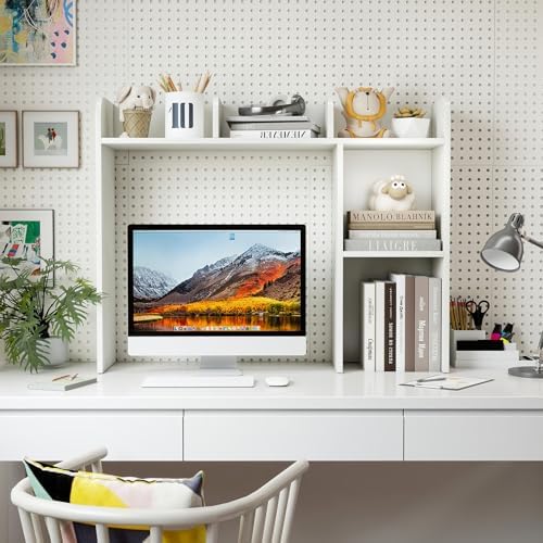GIANTEX Desktop Bookshelf, Wood Desk Hutch Organizer for 27 Inch Computer Monitor, Countertop Storage Display Rack with 5 Shelves, Multipurpose Desktop Shelf Bookcase for Dorm Office Home, White