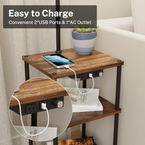 Floor Lamp with Table, Side Table with USB Charging Port and Outlet, Modern Bedside Nightstand End Table with Floor Light for Living Room, Bedroom, Guest Room, Bulb Included, 2 Pack