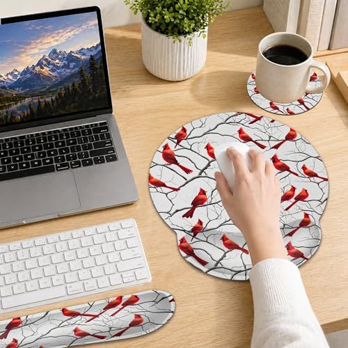 Cardinal Ergonomic Keyboard and Mouse Wrist Rest Set, Christmas Mouse Pad with Non Slip Base, Soft Cloth Surface for Office and Home Typing Support