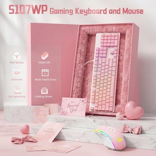 Redragon Updated S107WP Gaming Keyboard and Mouse, RGB Gaming Keyboard and 10000 DPI Mouse Combo with 25-Key Anti-Ghosting, 1K Hz Programmable Mice with Software, Plug & Play to PC, Laptop - Pink