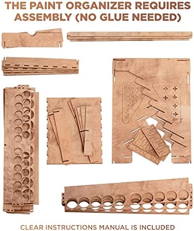 Plydolex Wooden Paint Organizer - 74 Holes Suitable for Vallejo, Citadel, Tamiya Paint Bottles - 14 Brushes Holes, 6 Minis Stands and 2 Drawers - Works for Warhammer, DnD and Other Miniatures