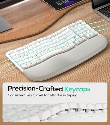 Nulea RT08 Wave Keys Wireless Ergonomic Keyboard with Cushioned Palm Rest, 2.4GHz Ergo Cordless USB Computer Keyboard, Comfortable Natural Typing, for Laptop, Mac, Windows (White)