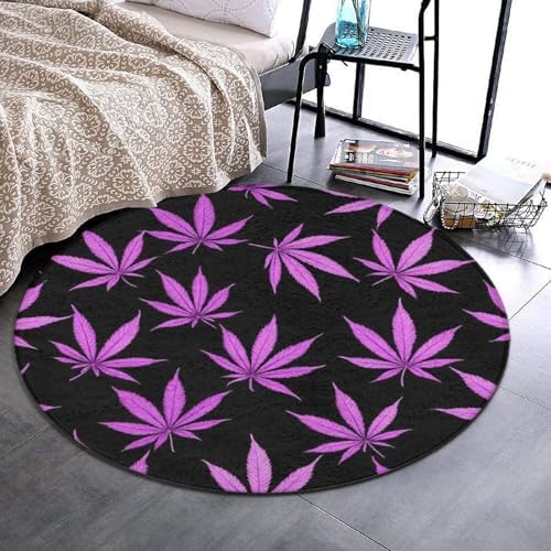 Fashion Round Area Rug Large Non Slip Carpet Unisex Home Decor Mat Purple Weed Leaves