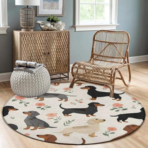 Large Machine Washable Circular Rugs, Home Decor Round Mat for Living Room Sofa Office Cute Dachshund Floral