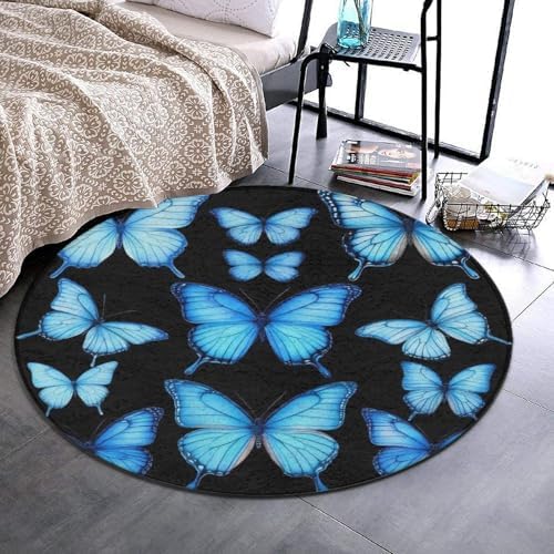 Fashion Round Area Rug Large Non Slip Carpet Unisex Home Decor Mat Butterfly Blue