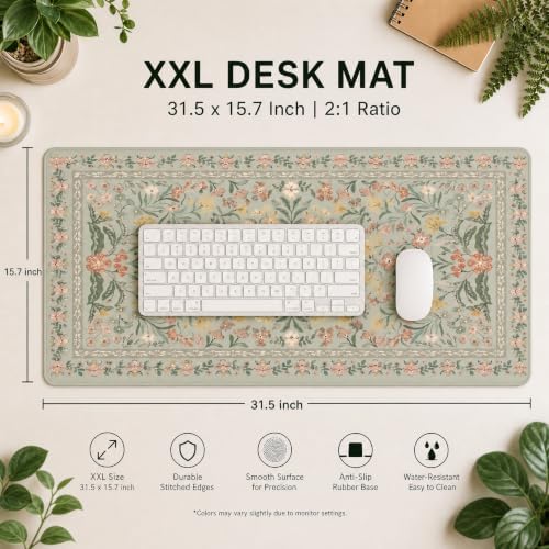Pink Floral Desk Mat XXL Large Mouse Pad, Cute Vintage Flower Desk Pad