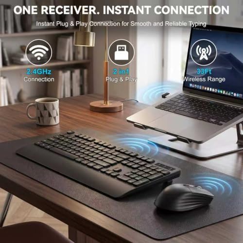 Wireless Keyboard and Mouse with Wrist Rest, 3 DPI Adjustable Mouse, 2.4G Lag-Free Cordless, Quiet and Soft Typing, Sleep Mode, Multimedia Keys, Compatible Windows Mac, Ideal for Business Home Office
