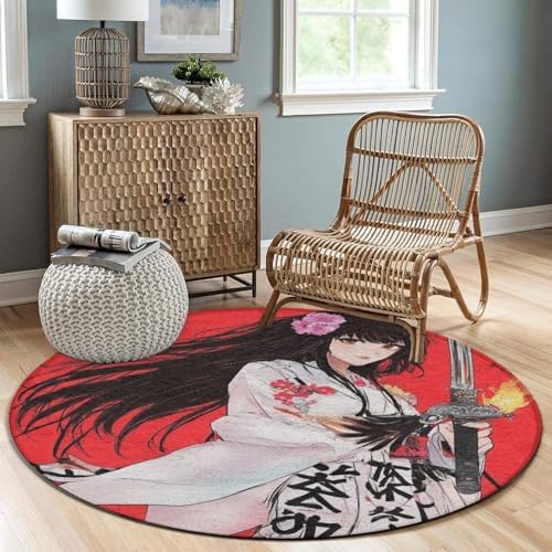 Home Decor Non Slip Kitchen Office Circle Rug, Machine Washable Modern Round Area Rug, Room Sofa Yoga Soft Round Carpet Japanese Samurai Anime Girl Art, 24inch