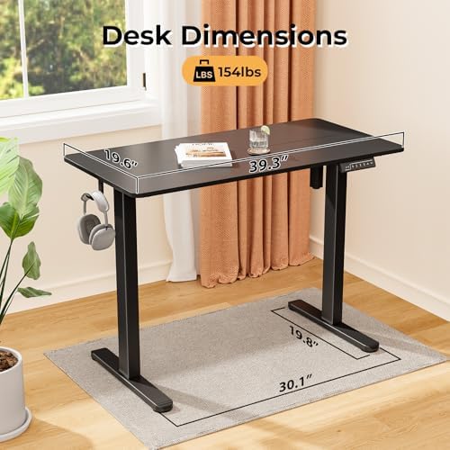 40" Electric Standing Desk, Black Standing Desk with 2 Hooks