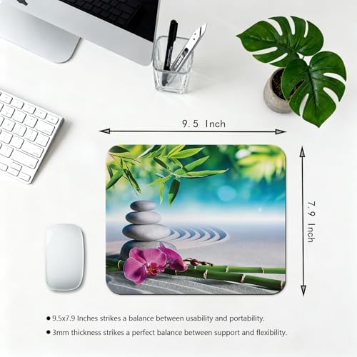 9.5x7.9 Inch Office/Gaming Mouse Pad, Zen Meditation Garden Orchid & Bamboo Spa Stone Relaxation, Cute Anti-Slip Mat for Desk Decor