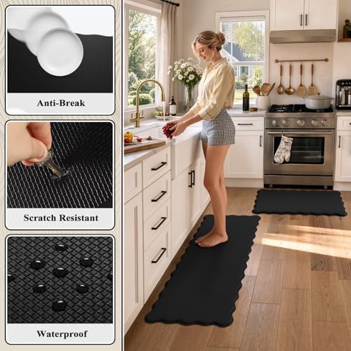 KIMODE Scalloped Kitchen Mats for Floor Cushioned Anti Fatigue Black Wavy