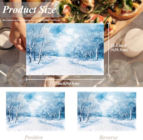 Shrahala Watercolor Winter Landscape Set Of 4 12 X 18 Inch Linen Placemats , Blue Snow Fir Snowy Land Burlap Table Mat Washable Double Layered Heat Insulation For Indoor/Outdoor