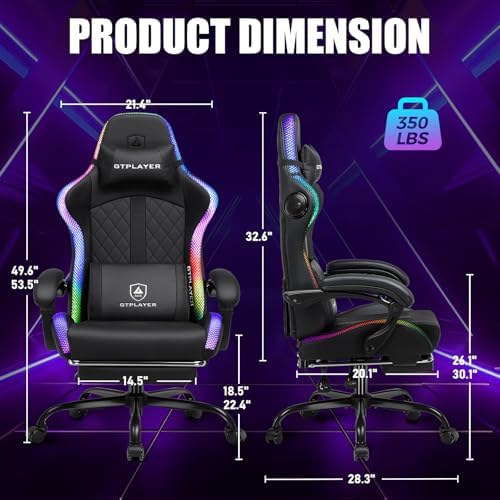 GTPLAYER RGB Gaming Chair with Speakers, Computer Gamer Chair with Footrest and LED Lights, PC Gamer Chairs for Adults, High Back Reclining Office Chairs, Linkage Armrest (Light Black, with Speakers)