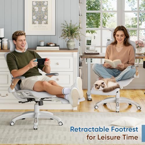 Ergonomic High-Back Office Chair with Footrest – Flip-Up Arms, 3D Headrest, 135° Recline, and Wide Mesh Seat with Lumbar Support. Rolling Swivel Task Chair for Gaming or Work, Sturdy, 300 LBS, 01NT-FT