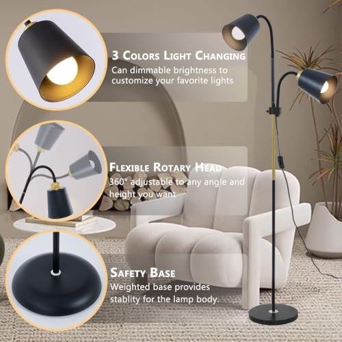 Floor Reading Lamp, Adjustable Height Bendable Short Standing Corner Lamps (Black-Metal)