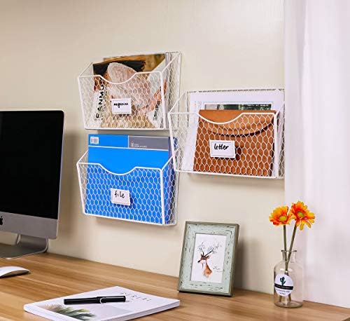 PAG-Mass 3 Pockets Hanging File Holder Wall Mount Mail Organizer Metal Chicken Wire Magazine Rack with Tag Slot, White