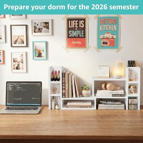 NUTIKAS White Desktop Bookshelf Adjustable Desk Organizer Shelf - Corner Wood Tabletop Storage Display Rack with 6 Cubbies and Pen Holder, Small Hutch for Office Supplies & Dorm Room Decorations