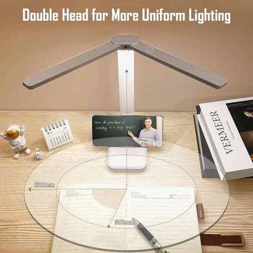 LED Double Head Desk Lamp, Rechargeable Portable Table Lamp, Adjustable Light Color and Brightness, USB Powered, LED Light for Work, Reading, Emergency (White)