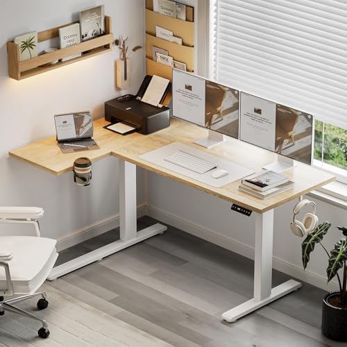 Muvai 59" L Shaped Standing Desk with Cable Tray, Reversible, Oak