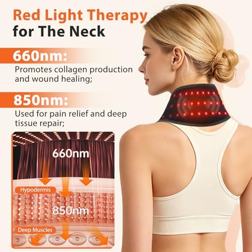 Neck Heating Pad with Massage, Heating Neck Wrap with 660nm 850nm Red Light, with 3000mAh Rechargeable, 3 Levels Heat & 3 Massage, Electric Nape Heating Pad for Soreness Stiffness