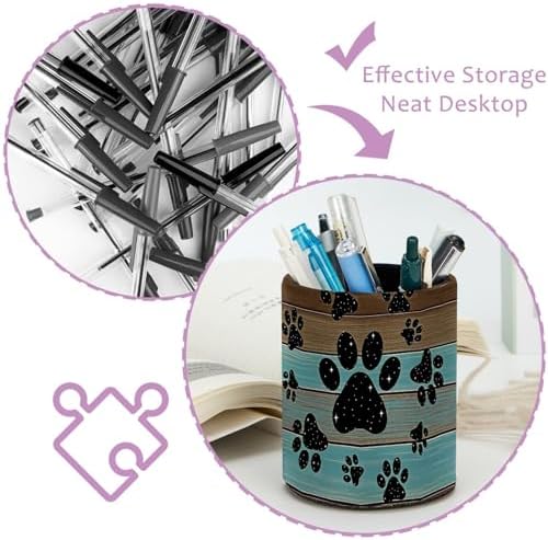 Teal Brown Wood Grain Galaxy Paws Pen Holder Pencil Organizer Cute Pencil Cup Desk Decor Makeup Brush Holder PU Multifunctional Office Supplies for Home Classroom School