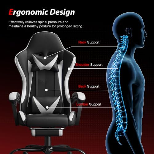 Gaming Chair, Ergonomic Computer Chair with Footrest Lumbar Support, White
