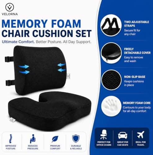 2-in-1 Memory Foam Seat Cushion & Lumbar Support Set | Ergonomic Office Chair Cushion for Tailbone, Sciatica & Help Back Pain Relief | Non-Slip Coccyx Pad, Washable Cover, Adjustable Strap