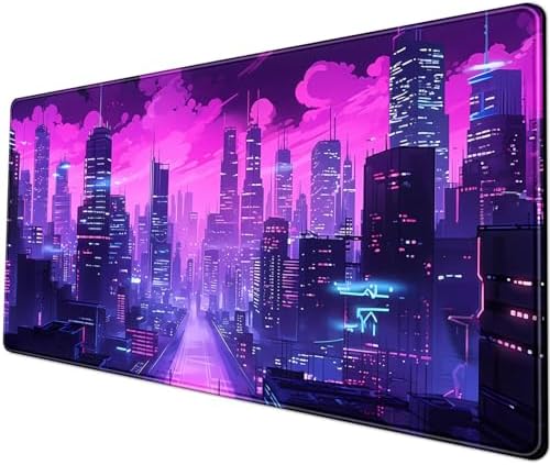 Desk Pad Cyberpunk Purple Desk Mat City Skyline Gaming Extended Mouse Pad Big Office Keyboard Pc Laptop for Women Large Mousepad with Stitched Eges Non-Slip Base Mouse Keyboard Mat 31.5x11.8 in