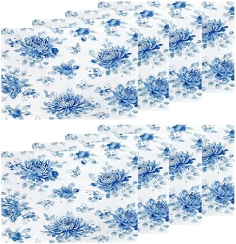 Shrahala Blue Vintage Peony Set of 8 12 X 18 Inch Linen Placemats, Midcentury Burlap Table Mat Washable Double Layered Heat Insulation for Indoor/Outdoor