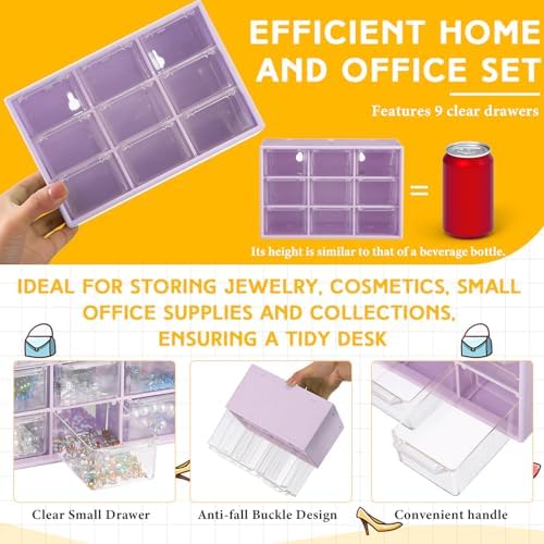 Wenqik 2 Pcs Mini Storage Drawers with 9 Clear Drawers, Purple
