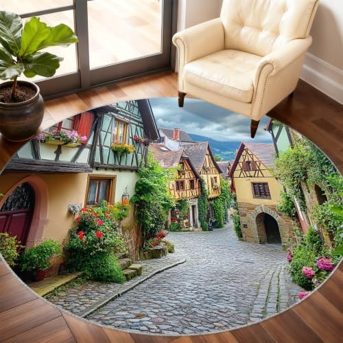 Munich Round Rug - 6ft Washable Vintage Town Round Area Rug for Living Room, European Landscape Circle Rugs Soft Non-Slip Carpet for Bedroom Dining Table Decor Mat