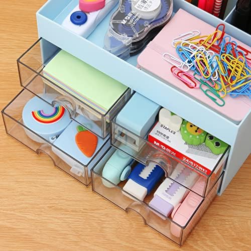 LETURE Office Desktop Organizer with Drawer, Stationary Organizer Desk Caddy, Pen/Pencil/Business Card/Sticky Note Tray/Paperclip Holder Storage Box (Blue)