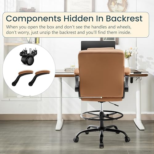 Drafting Chair 500Lbs, Tall Office Chair for Standing Desk, High PU Leather Executive Office Chair with Flip-up Armrests, Ergonomic High Chair with Adjustable Foot Ring, Comfy Stool Chairs, Brown