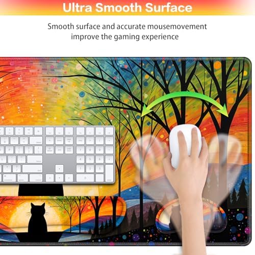 Mouse Pad with Wrist Rest Black Cat, 4-in-1 Large Mousepad Keyboard