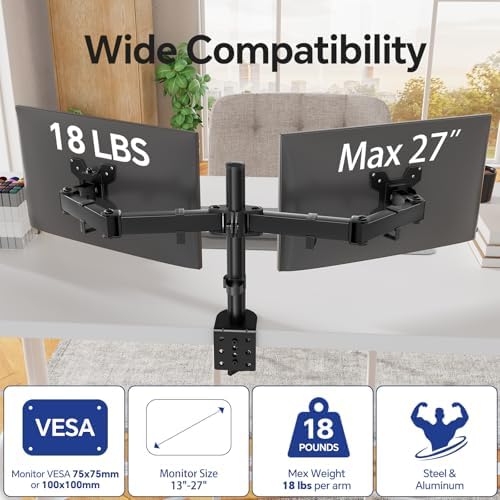 Simple Trending Dual Monitor Stand, Monitor Arm, Heavy Duty Adjustable Monitor Desk Mount for 2 Screens up to 27 Inches, (Black)