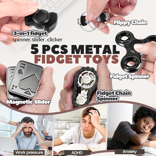 5 Pcs Fidget Toys Adults Metal Figette Spinner Magnet Slider for Teen Boys Quiet Office Desk Cool Gadgets Pain Stim Anxiety Stress Relief Items ADHD Autism Figets Magnetic Gifts for Teens EDC for Men