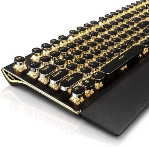 RK ROYAL KLUDGE S108 Typewriter Mechanical Keyboard, Wired Gaming Keyboard with Number Pad, Full Size Retro Keyboards w/Detachable Wrist Rest for Mac/Win/PC, Clicky Blue Switch, Yellow Backlit Black
