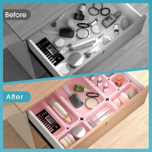 25 PCS Drawer Organizer Set, 4 Size Makeup Drawer Divider Organizer With Non-Slip Pads, Interlocking Plastic Storage Bins for Office,Jewelry Vanity,Gadgets, Bathroom,Kitchen, Pink