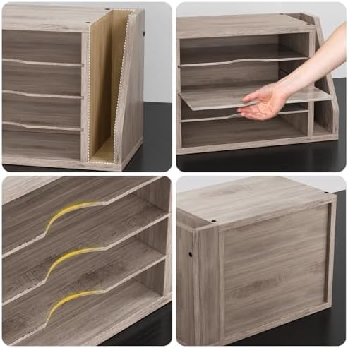 Wooden Mail Organizer, Desk Organizer with 3 Adjustable Shelves