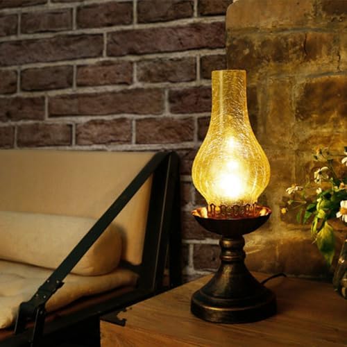 Moroccan Lanterns Vintage Antique Bedside Table Lamp，Victorian Retro Hurricane Amber Glass Desk Lamp-Brown Antique Copper