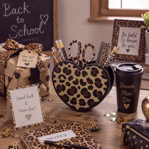 Tenceur Leopard Print Heart Holder for Desk Large Capacity heart Wood Pencil Holder Coquette Supplies Desk Organizer Cute Teacher Office Decor Makeup Brush Holders Back to School Gift for Girls Women