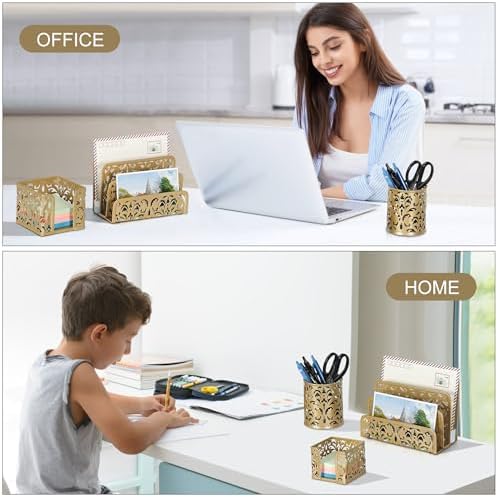 EasyPAG Desk Organizers and Accessories 3 Pieces Office Organizer Set - Pen Holder for Desk, Mail Sorter Countertop and Sticky Note Holder, Gold