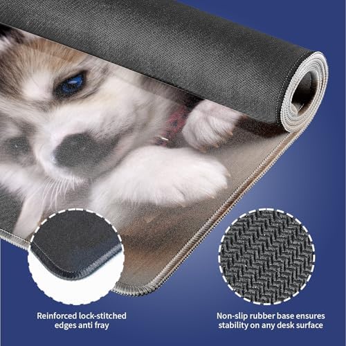 Cute Siberian Husky Puppies in Wooden Crate Large Mouse Pad, Pets Desk Mat