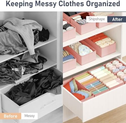 DIMJ Drawer Organizers Clothes, Set of 16 Dresser Organizer Bins, Fabric Closet Organizers and Storage, Shallow Drawer Dividers for Nursery, Clothing, Baby Clothes, Socks, Underwears, Tie (Pink)